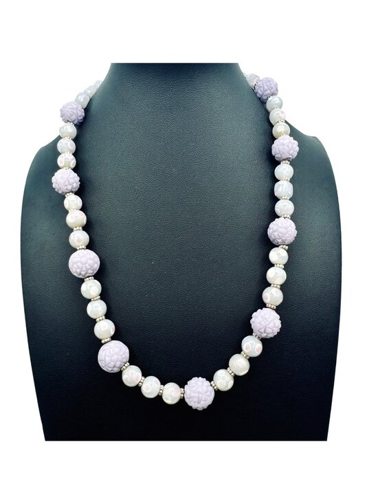 Handmade Jewelry - Lavender Lilac Glass Bead Necklace Handmade Pastel Silver Tone 20" Cottagecore